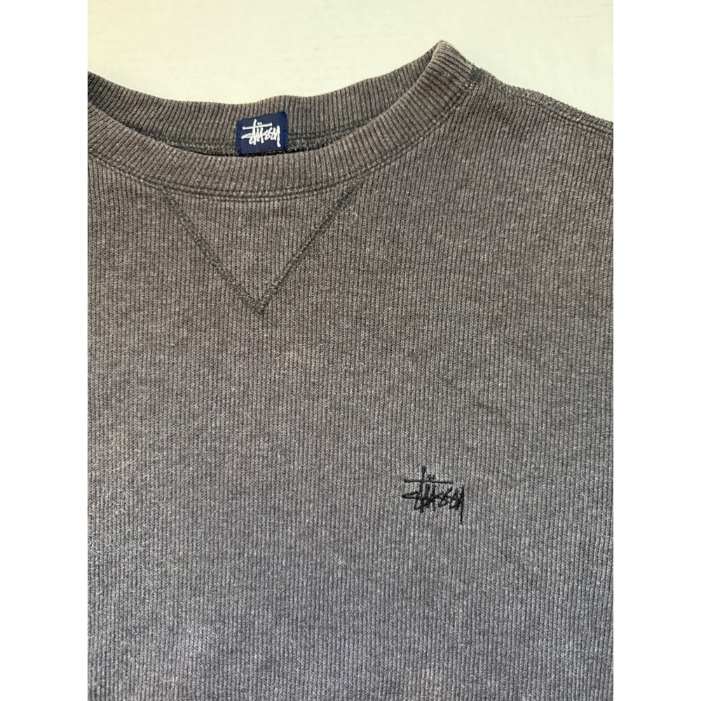 Stussy Mens XL Charcoal Grey Thermal Ribbed Crewneck Logo - Picture 7 of 8